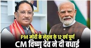 प्रधानमंत्री नरेन्द्र मोदी के नेतृत्व के 12 वर्ष पूर्ण होने पर मुख्यमंत्री विष्णु देव साय ने दी बधाई और शुभकामनाएं